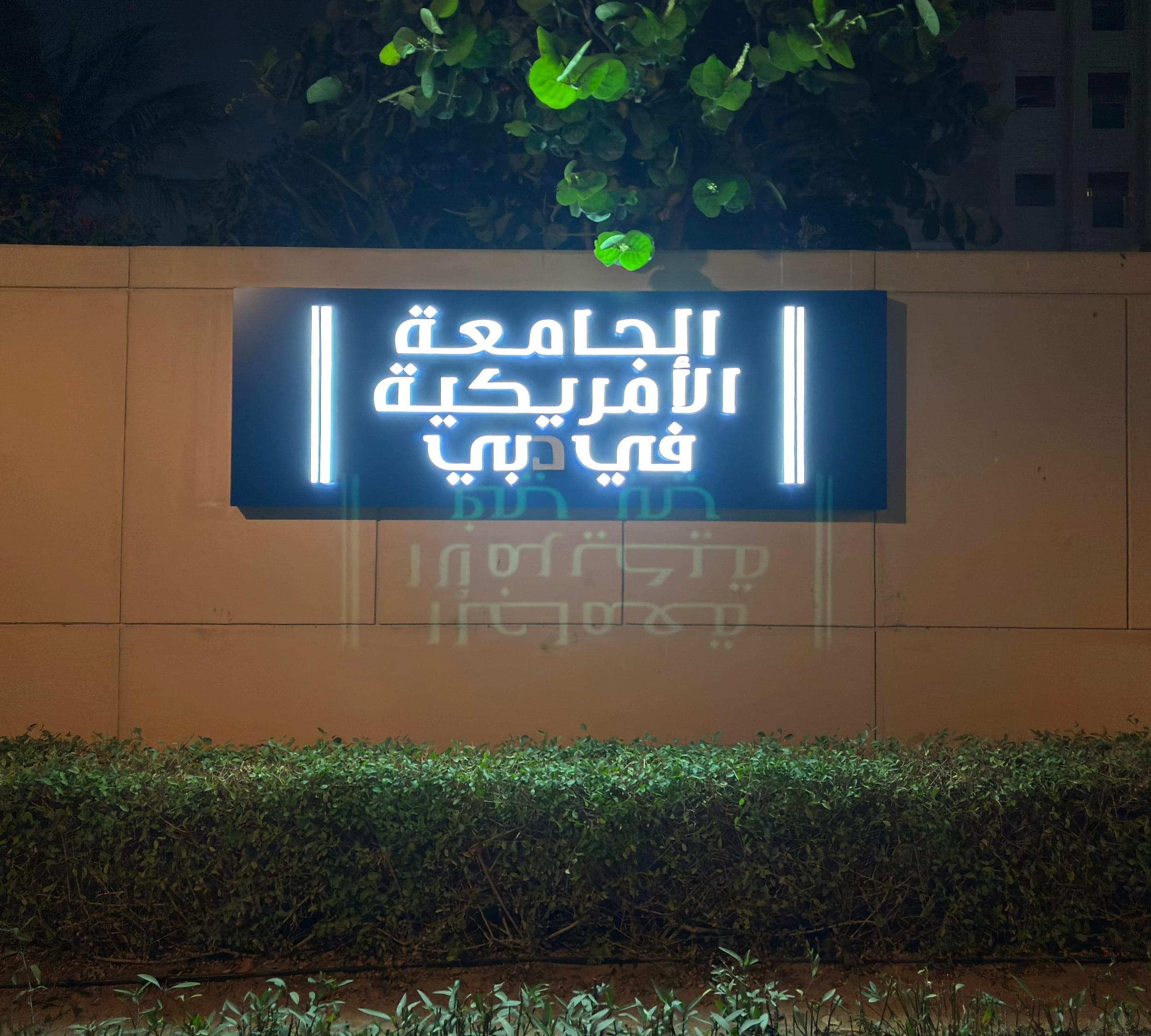 Arabic American University in Dubai sign lit at night